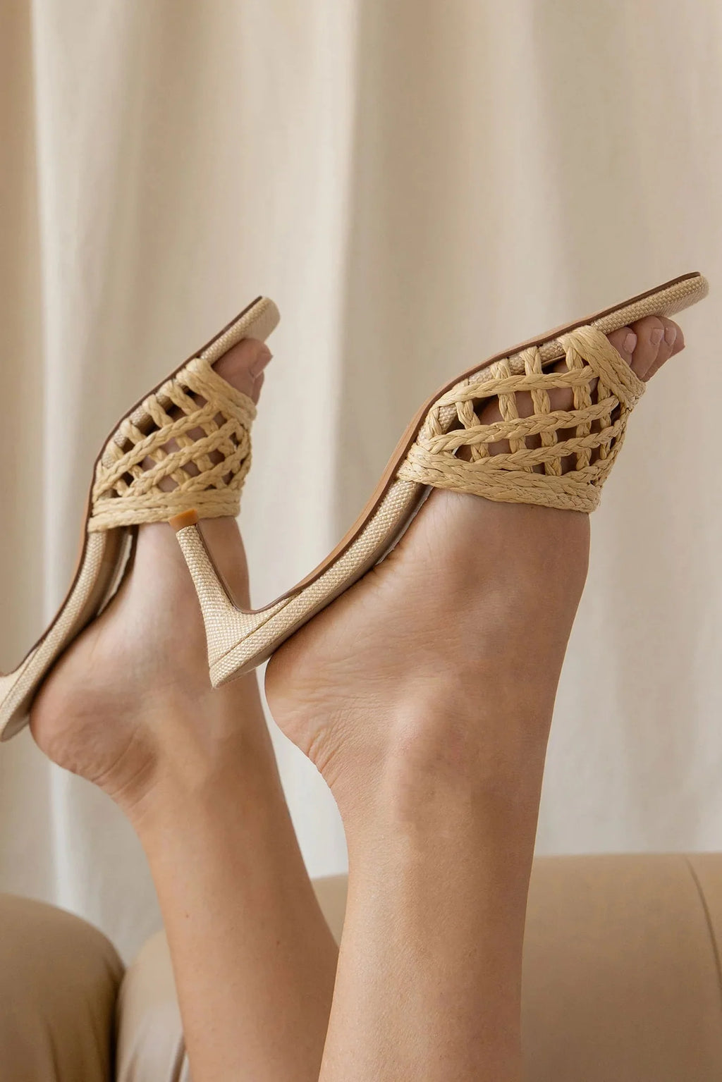 Boween Beige | Braided Raffia Kitten Heel Mules