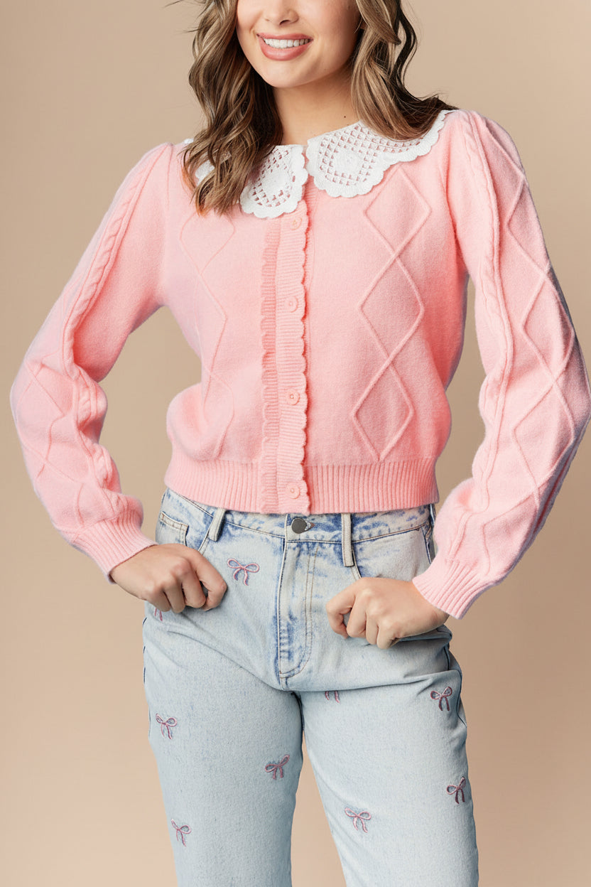 Braden | Pink Knit Cardigan with Peter Pan Collar and Cable Details