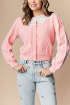 Braden | Pink Knit Cardigan with Peter Pan Collar and Cable Details