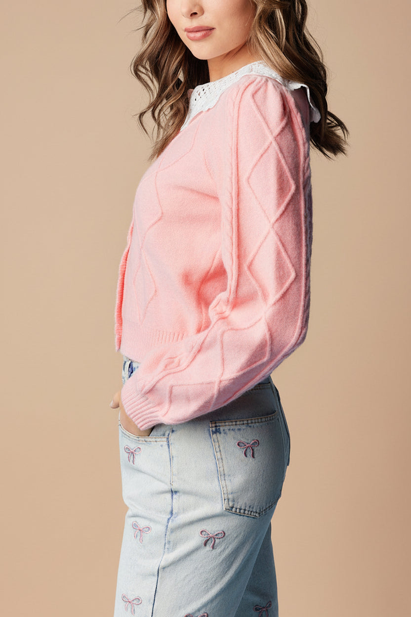 Braden | Pink Knit Cardigan with Peter Pan Collar and Cable Details