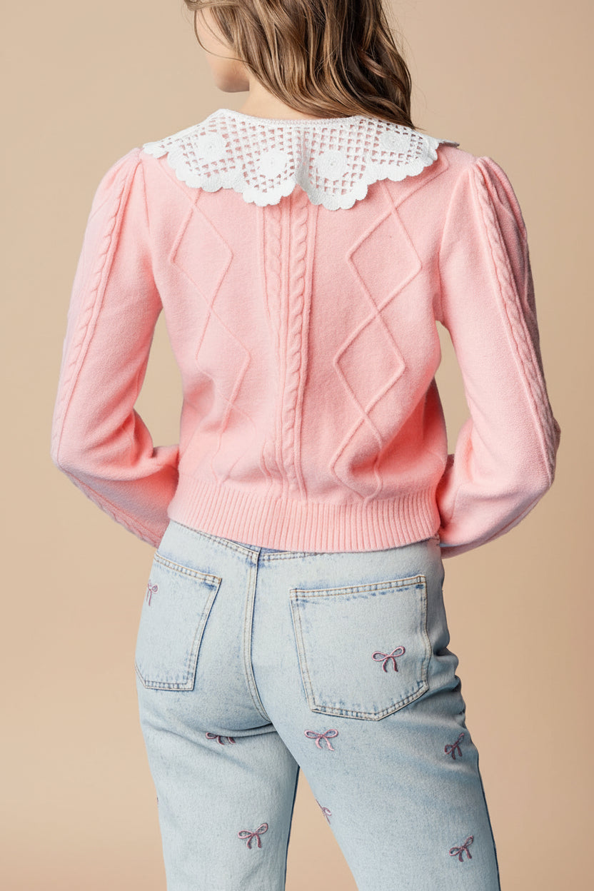 Braden | Pink Knit Cardigan with Peter Pan Collar and Cable Details