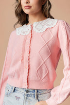 Braden | Pink Knit Cardigan with Peter Pan Collar and Cable Details