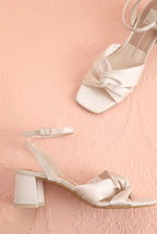 Brenna | Ivory Satin Block Heel Sandals with Knot Detail