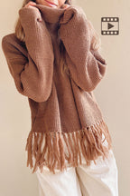 Sauzon Caramel | Oversized Turtleneck Sweater with Fringes