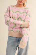 Dalhousie | Beige Knit Sweater with Fuzzy Floral Pattern
