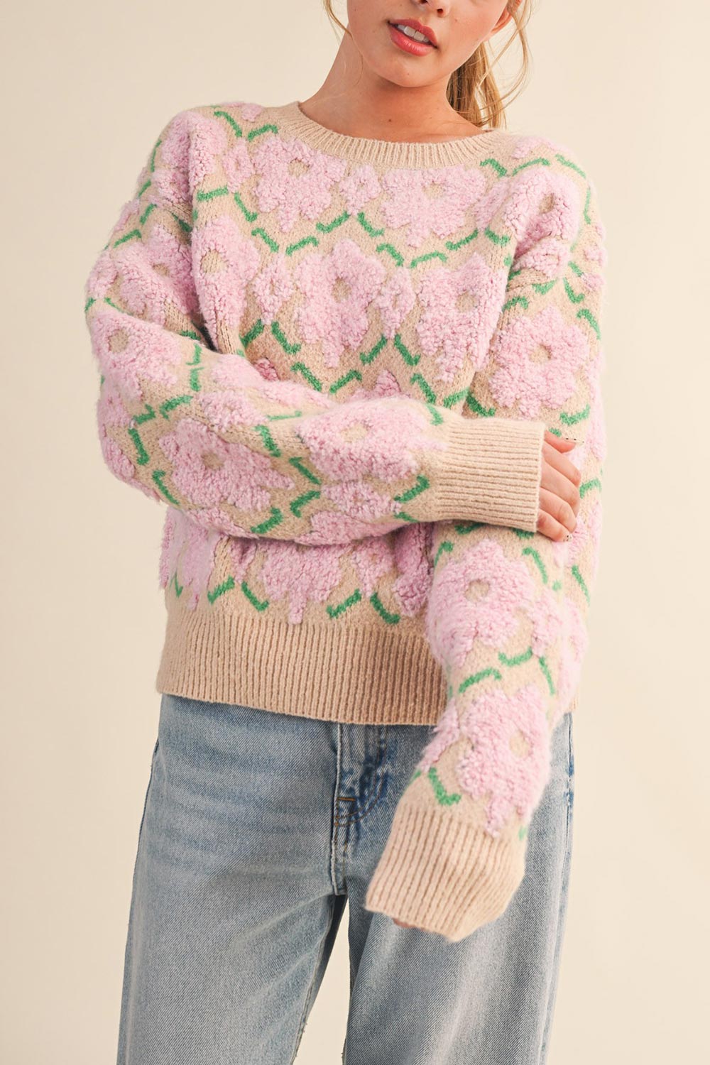 Dalhousie | Beige Knit Sweater with Fuzzy Floral Pattern