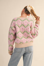 Dalhousie | Beige Knit Sweater with Fuzzy Floral Pattern