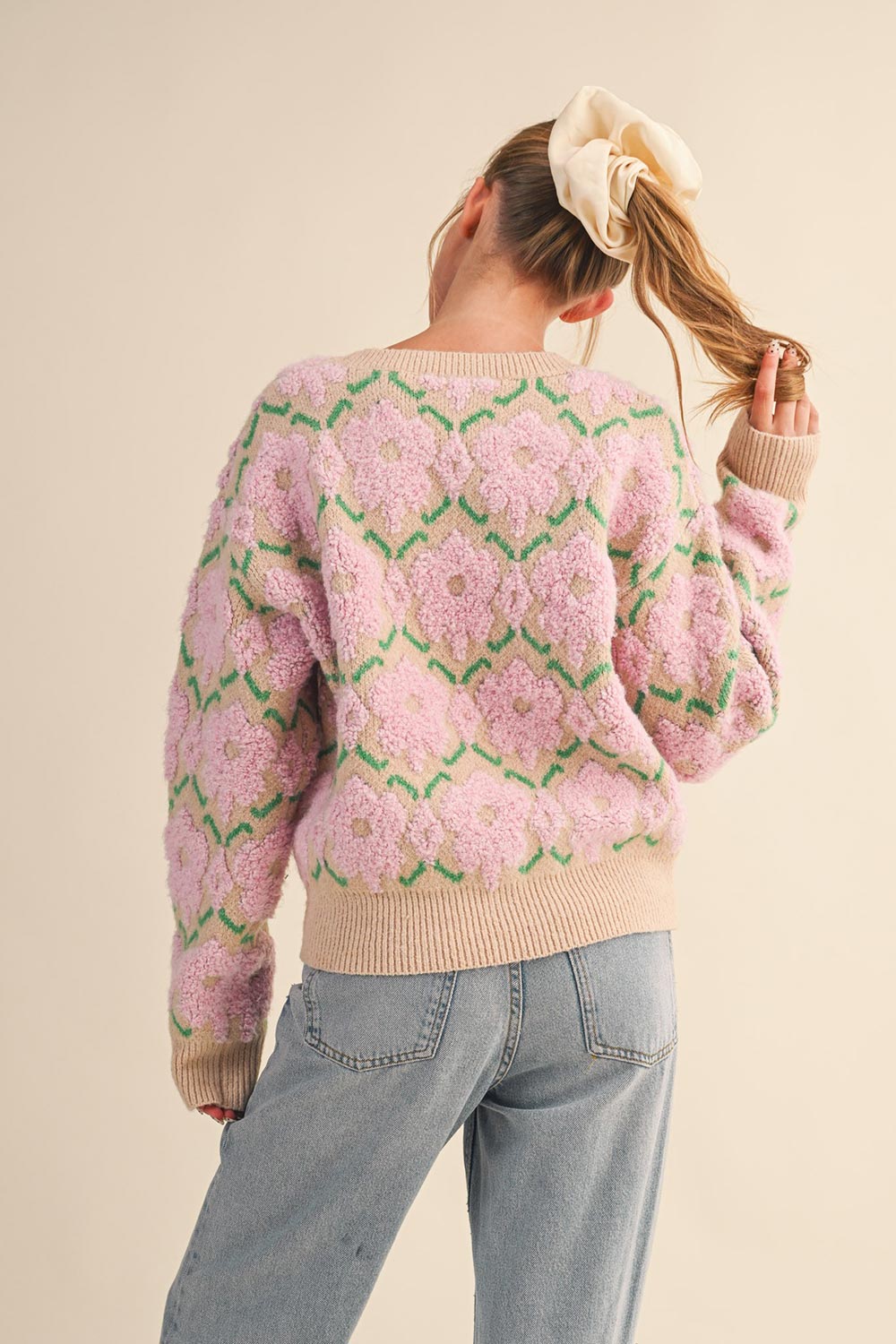 Dalhousie | Beige Knit Sweater with Fuzzy Floral Pattern