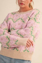 Dalhousie | Beige Knit Sweater with Fuzzy Floral Pattern