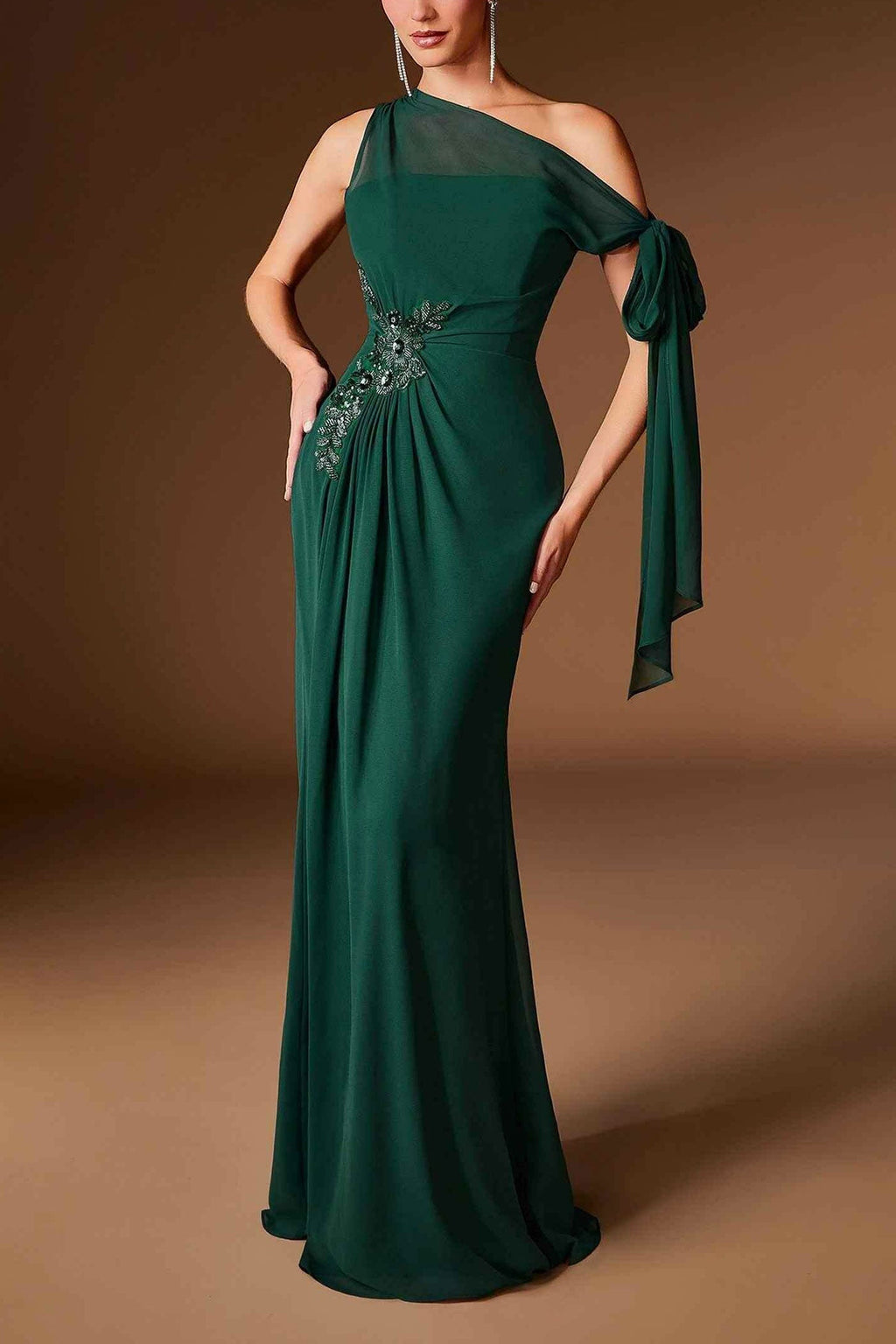 Devica | Green One-Shoulder Beaded Chiffon Maxi Dress