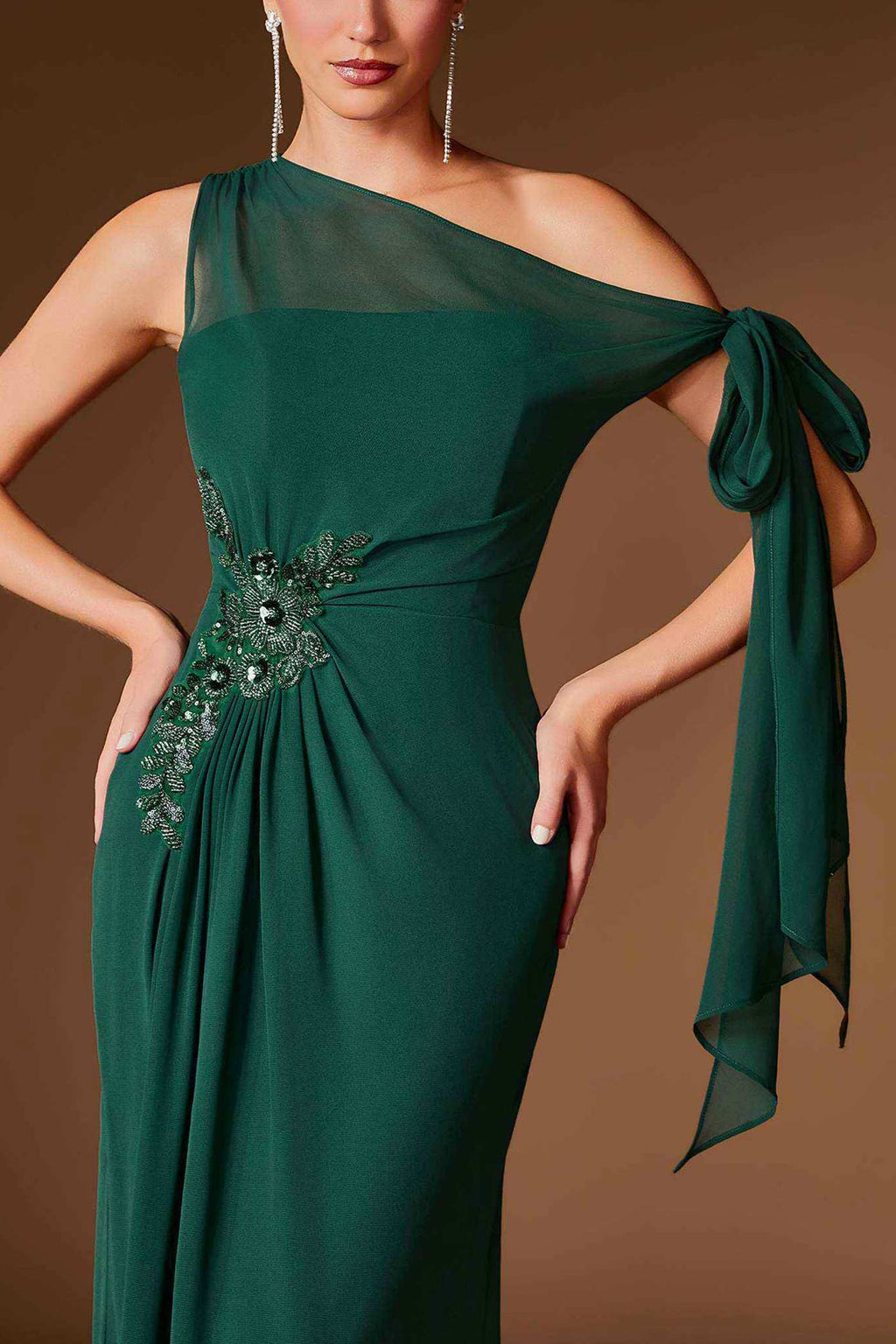 Devica | Green One-Shoulder Beaded Chiffon Maxi Dress
