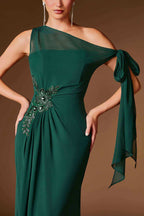 Devica | Green One-Shoulder Beaded Chiffon Maxi Dress