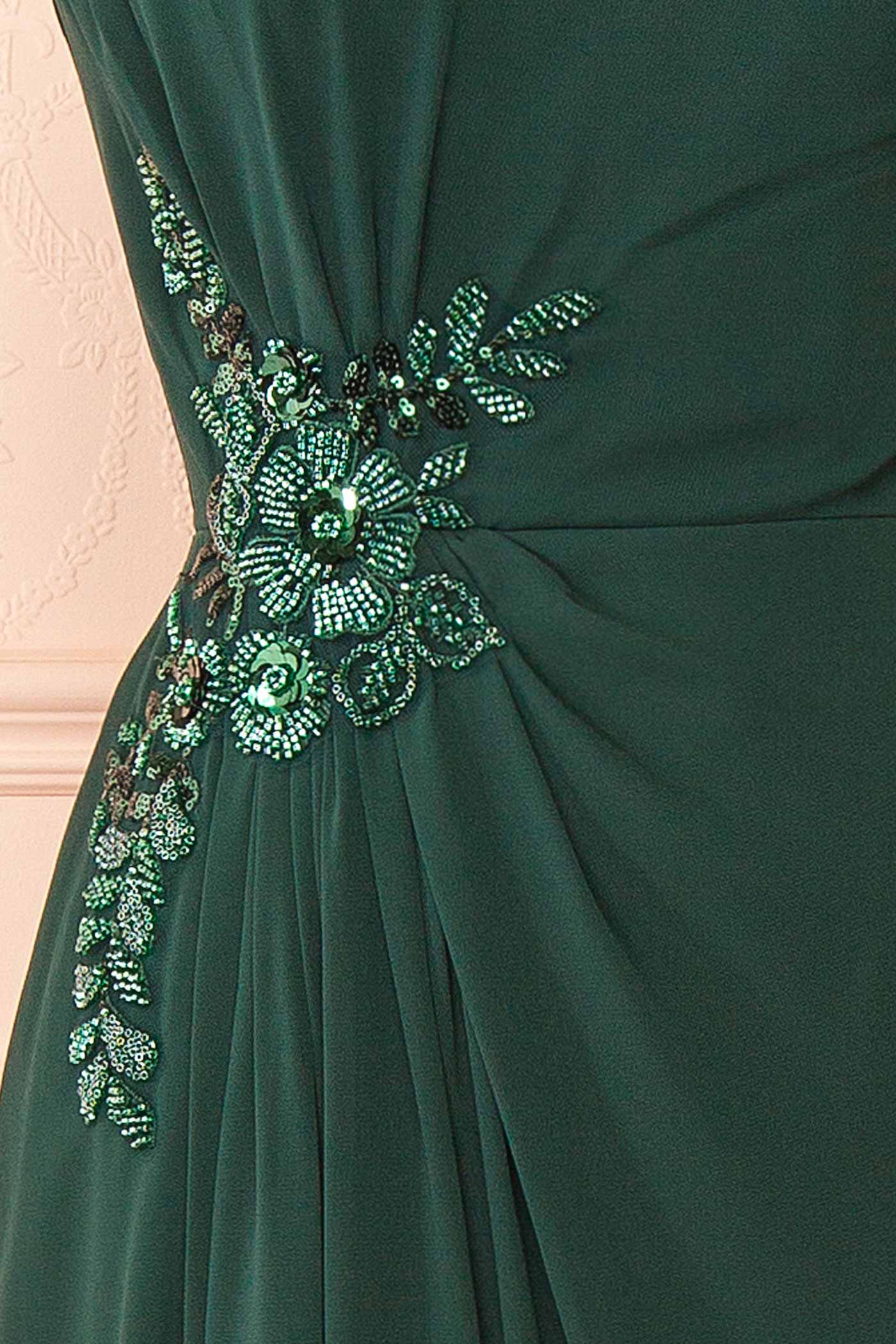 Devica | Green One-Shoulder Beaded Chiffon Maxi Dress