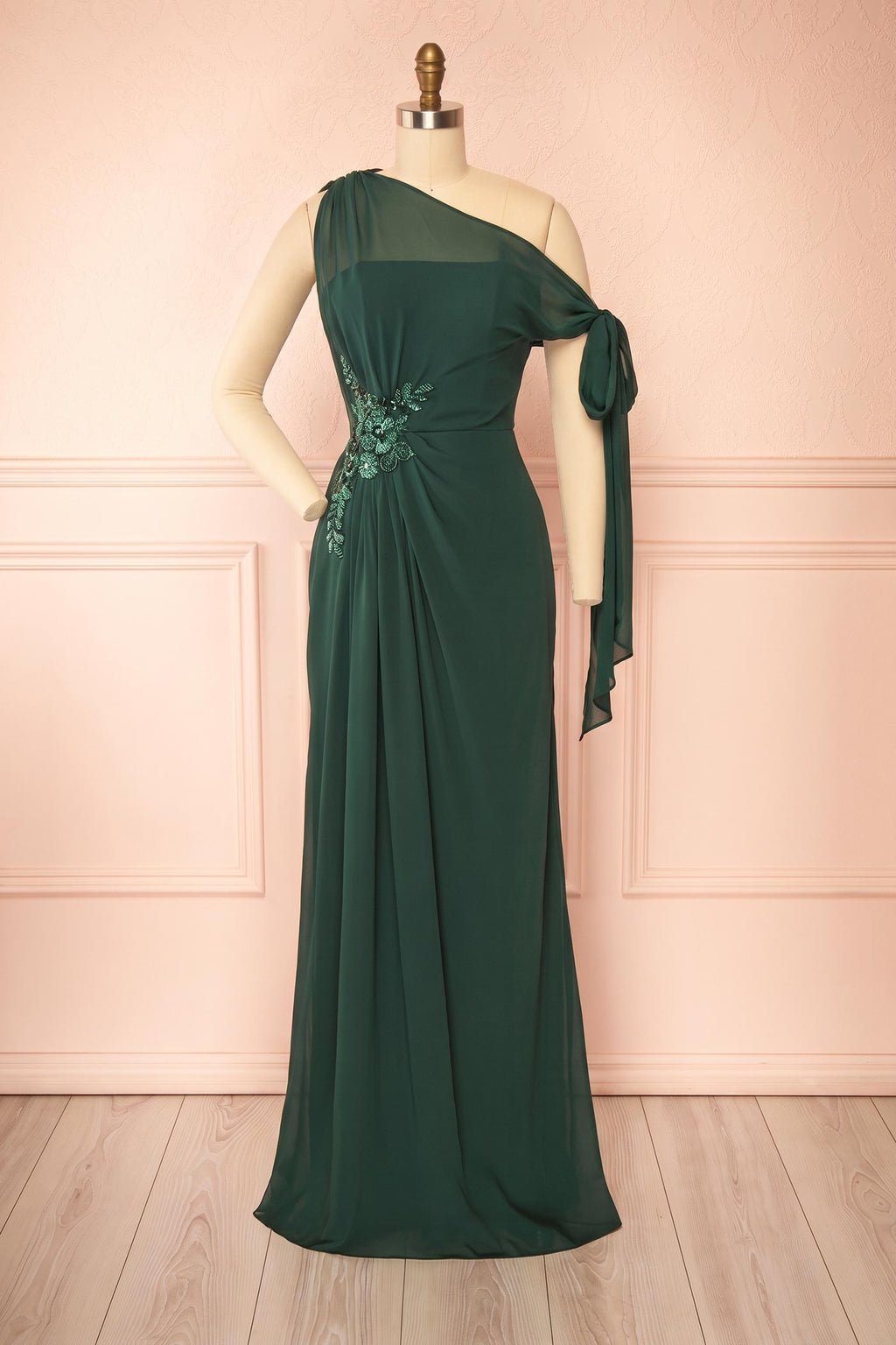 Devica | Green One-Shoulder Beaded Chiffon Maxi Dress