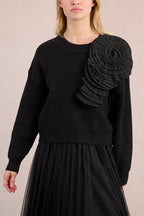 Dharapani | Black Sweater with Pleated Flower