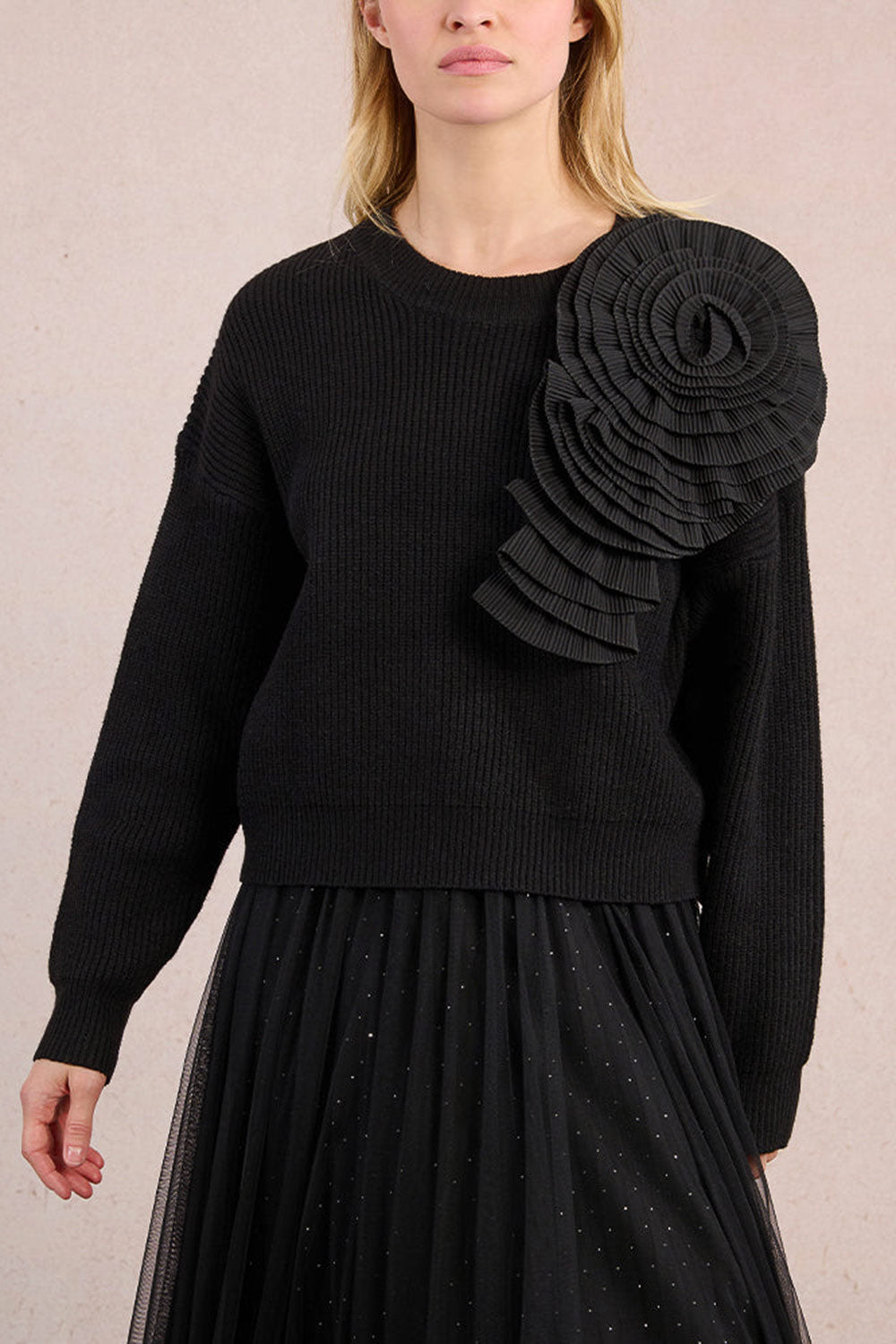 Dharapani | Black Sweater with Pleated Flower