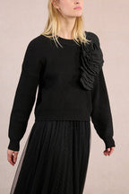 Dharapani | Black Sweater with Pleated Flower