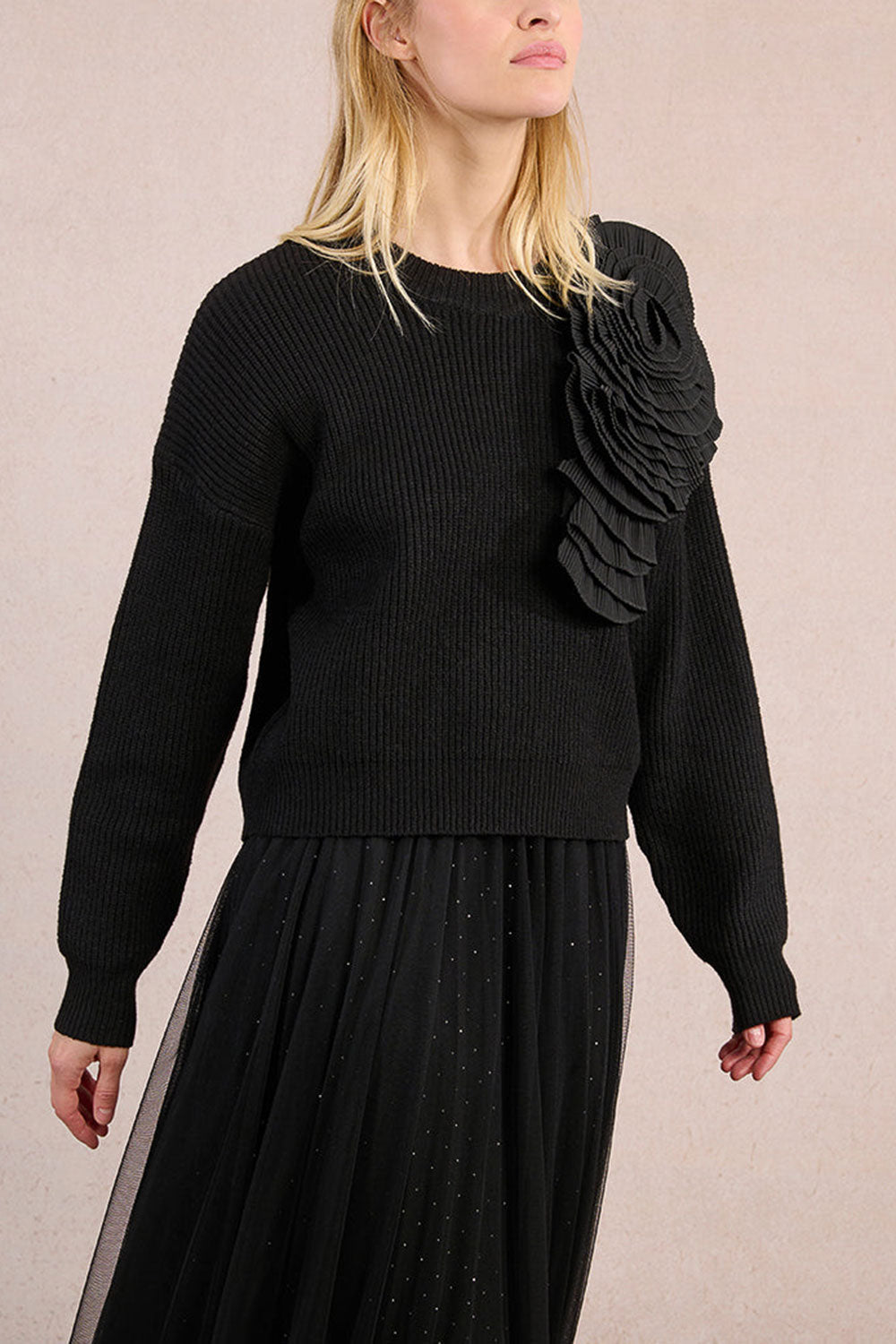 Dharapani | Black Sweater with Pleated Flower