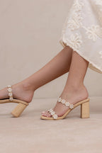 Feliza | Raffia Block Heel Sandals with Floral Appliqués