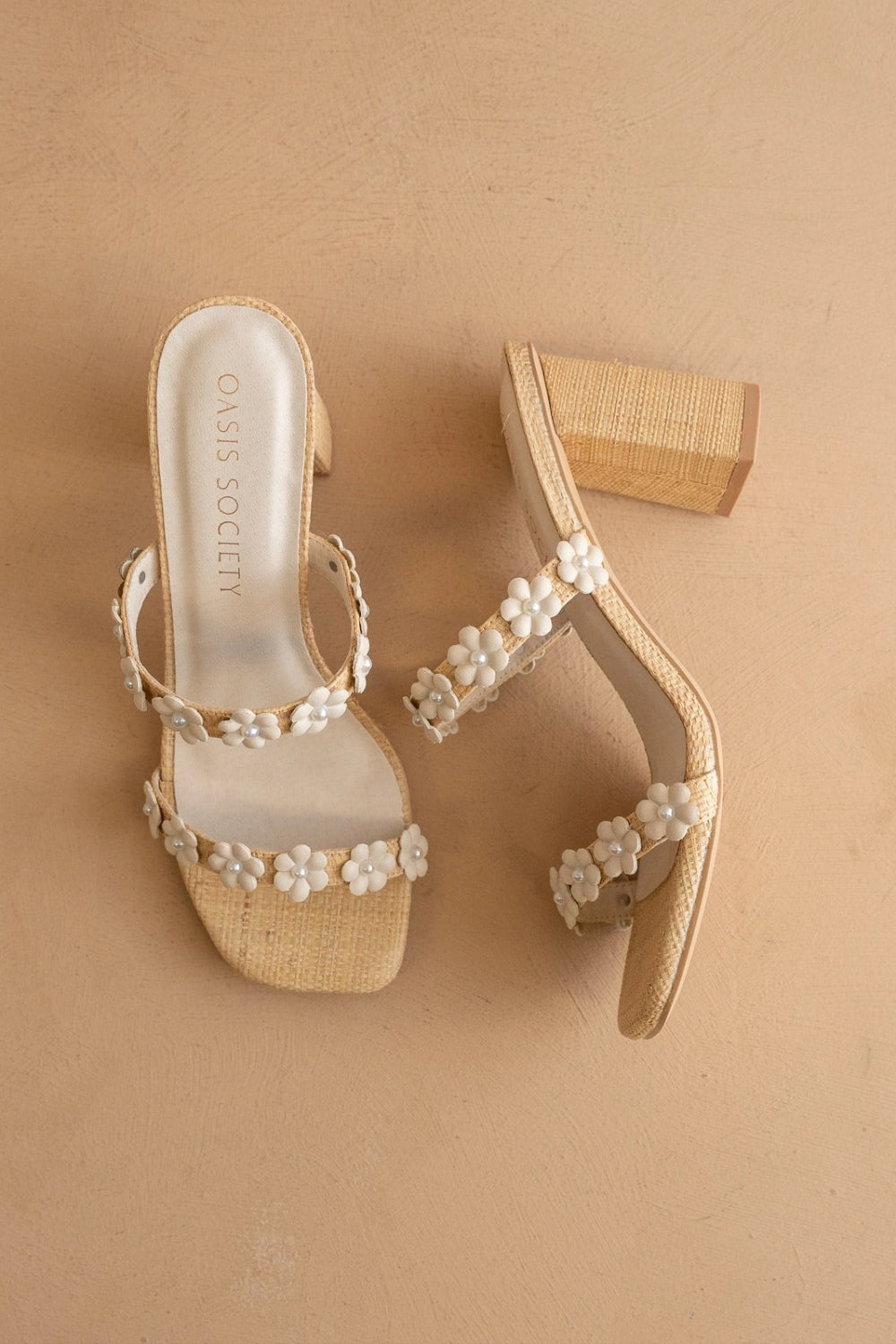 Feliza | Raffia Block Heel Sandals with Floral Appliqués