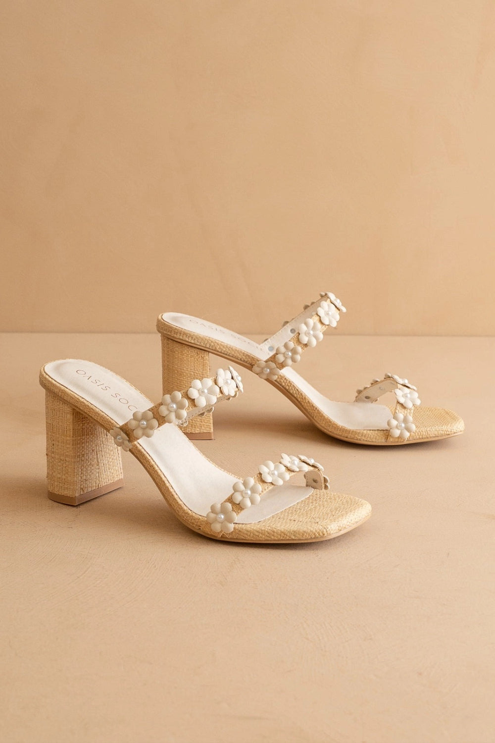 Feliza | Raffia Block Heel Sandals with Floral Appliqués