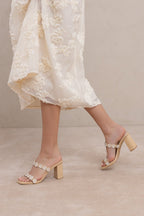 Feliza | Raffia Block Heel Sandals with Floral Appliqués