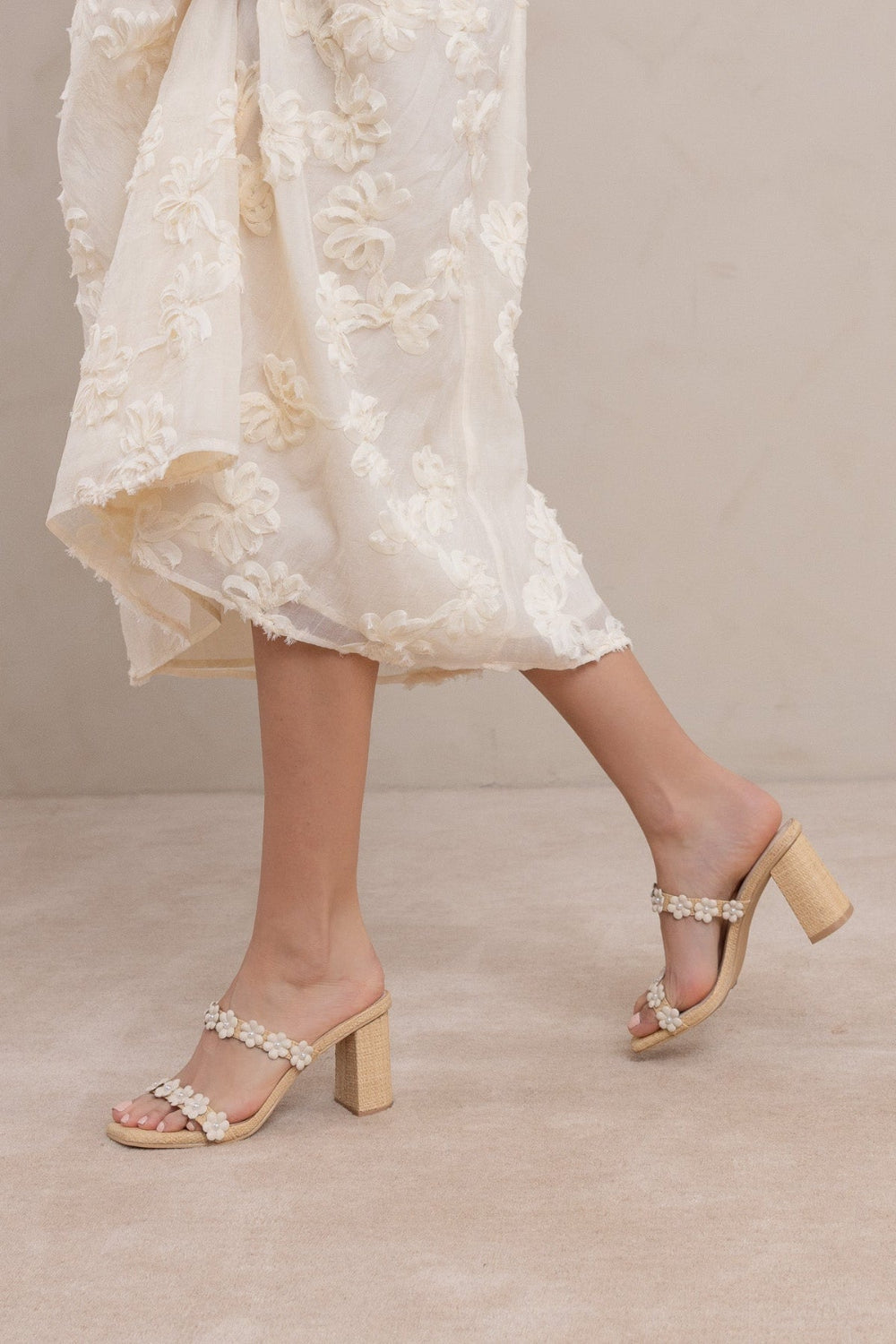 Feliza | Raffia Block Heel Sandals with Floral Appliqués