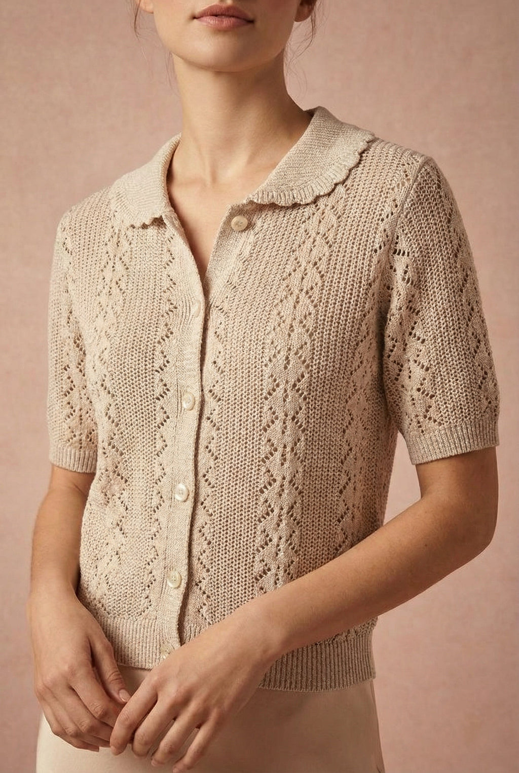 Gertie Beige | Openwork Short Sleeve Cardigan