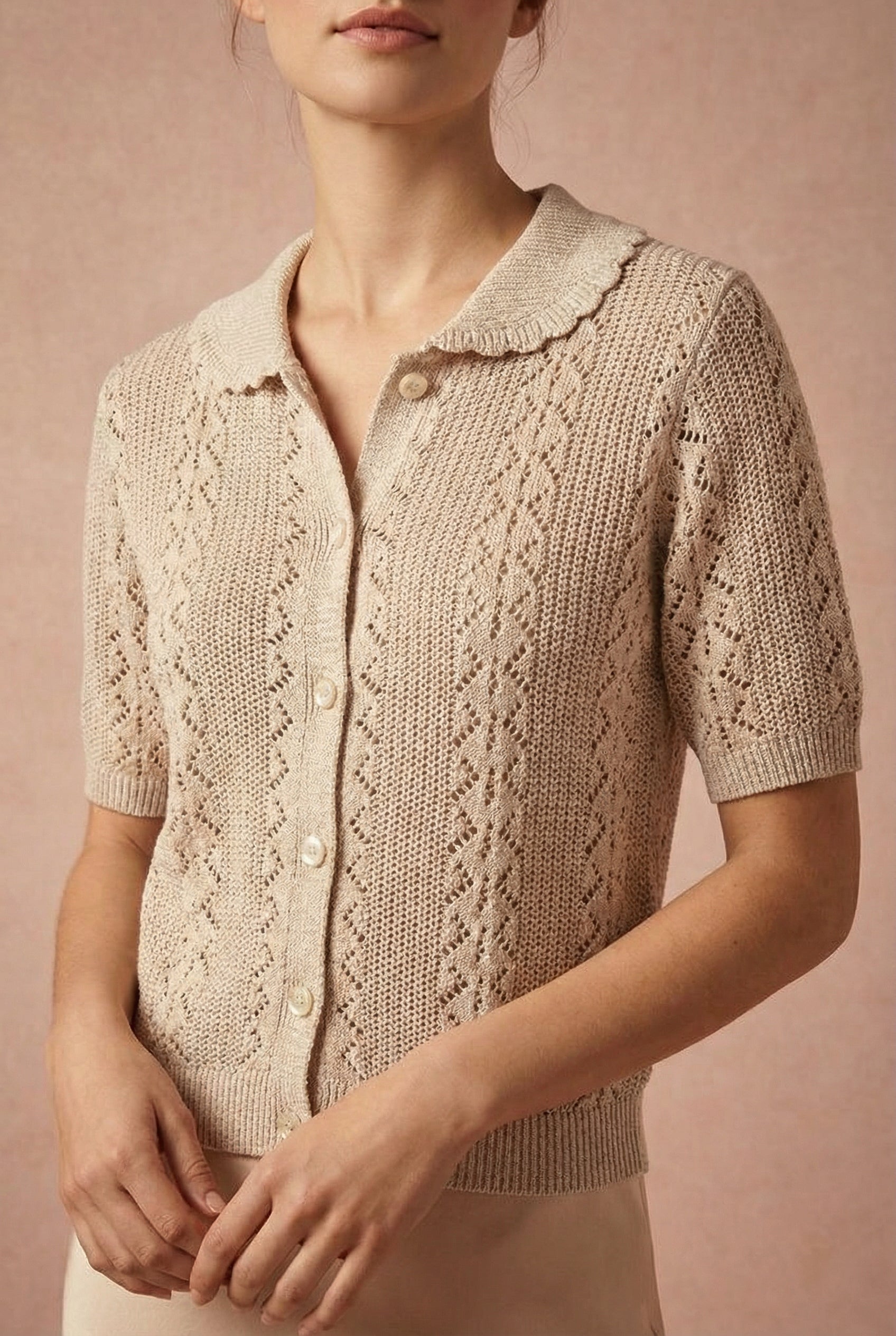 Gertie Beige | Openwork Short Sleeve Cardigan