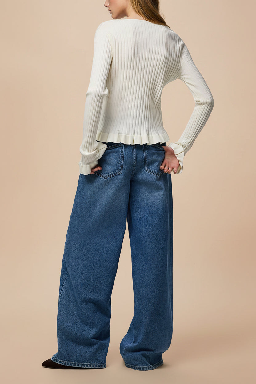 Lortona Ivory | Ribbed Knit Cardigan with Front Tie and Frill Details