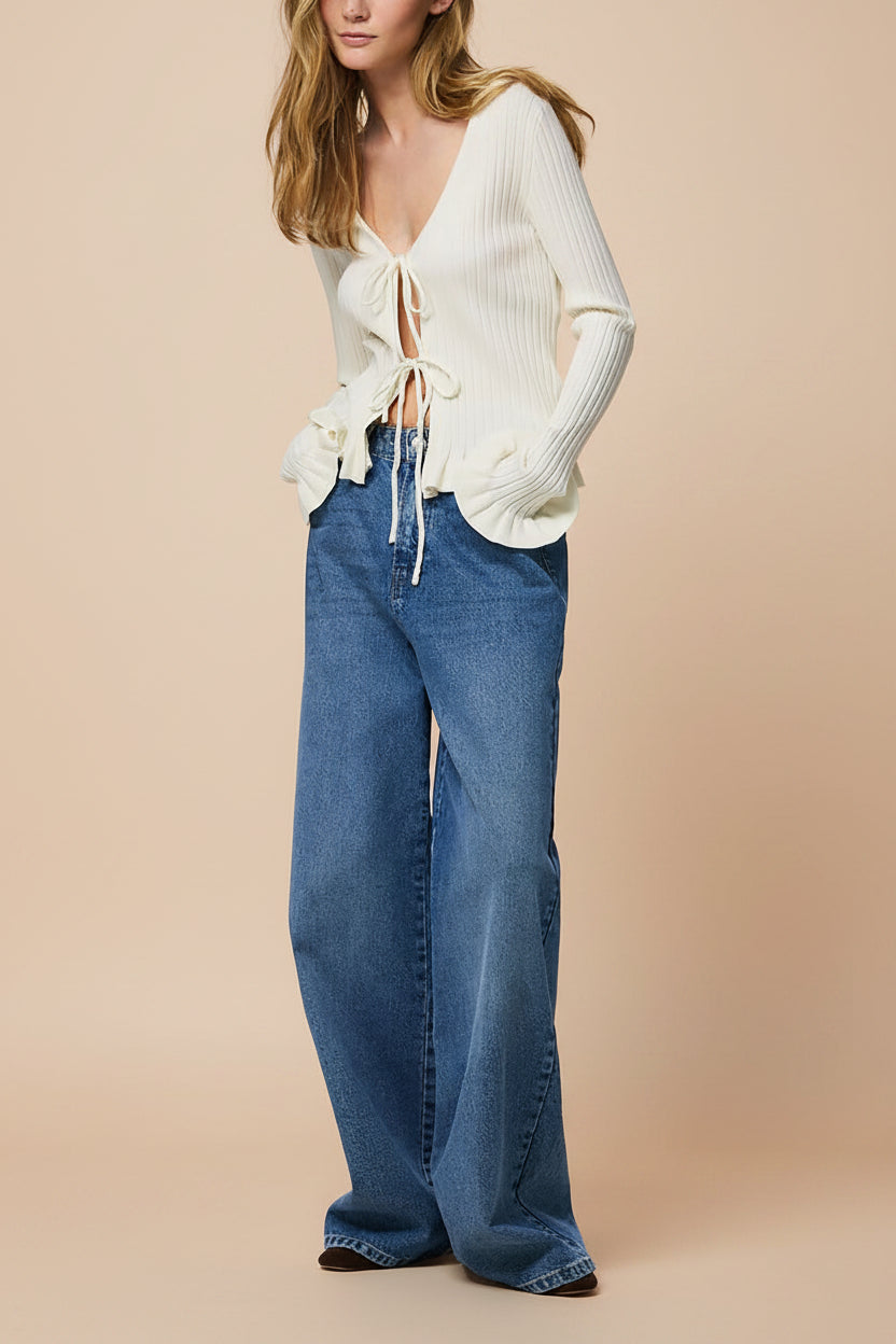 Lortona Ivory | Ribbed Knit Cardigan with Front Tie and Frill Details