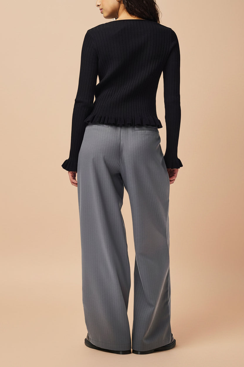 Lortona Black | Ribbed Knit Cardigan with Front Tie and Frill Details