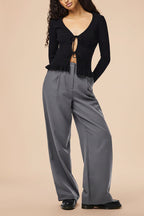 Lortona Black | Ribbed Knit Cardigan with Front Tie and Frill Details
