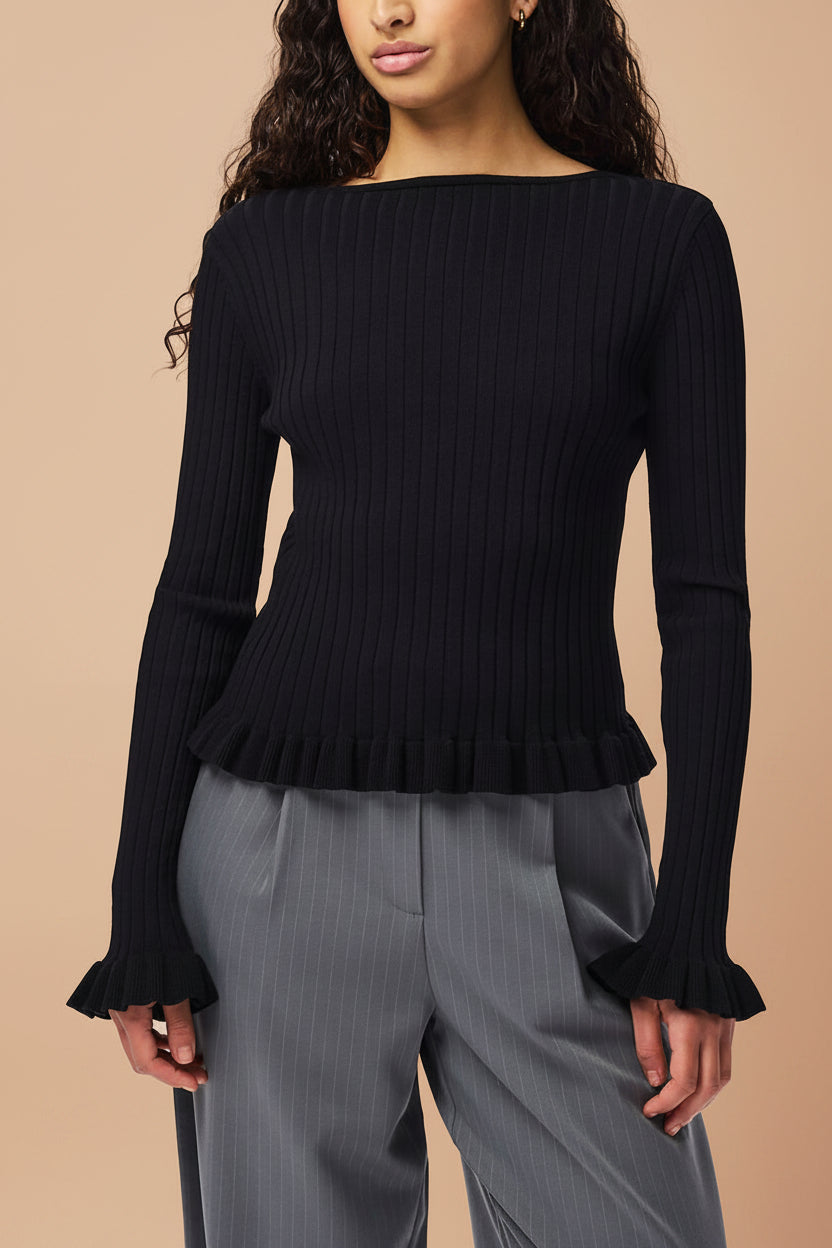 Lortona Black | Ribbed Knit Cardigan with Front Tie and Frill Details
