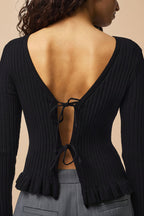 Lortona Black | Ribbed Knit Cardigan with Front Tie and Frill Details
