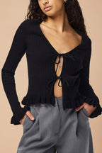 Lortona Black | Ribbed Knit Cardigan with Front Tie and Frill Details