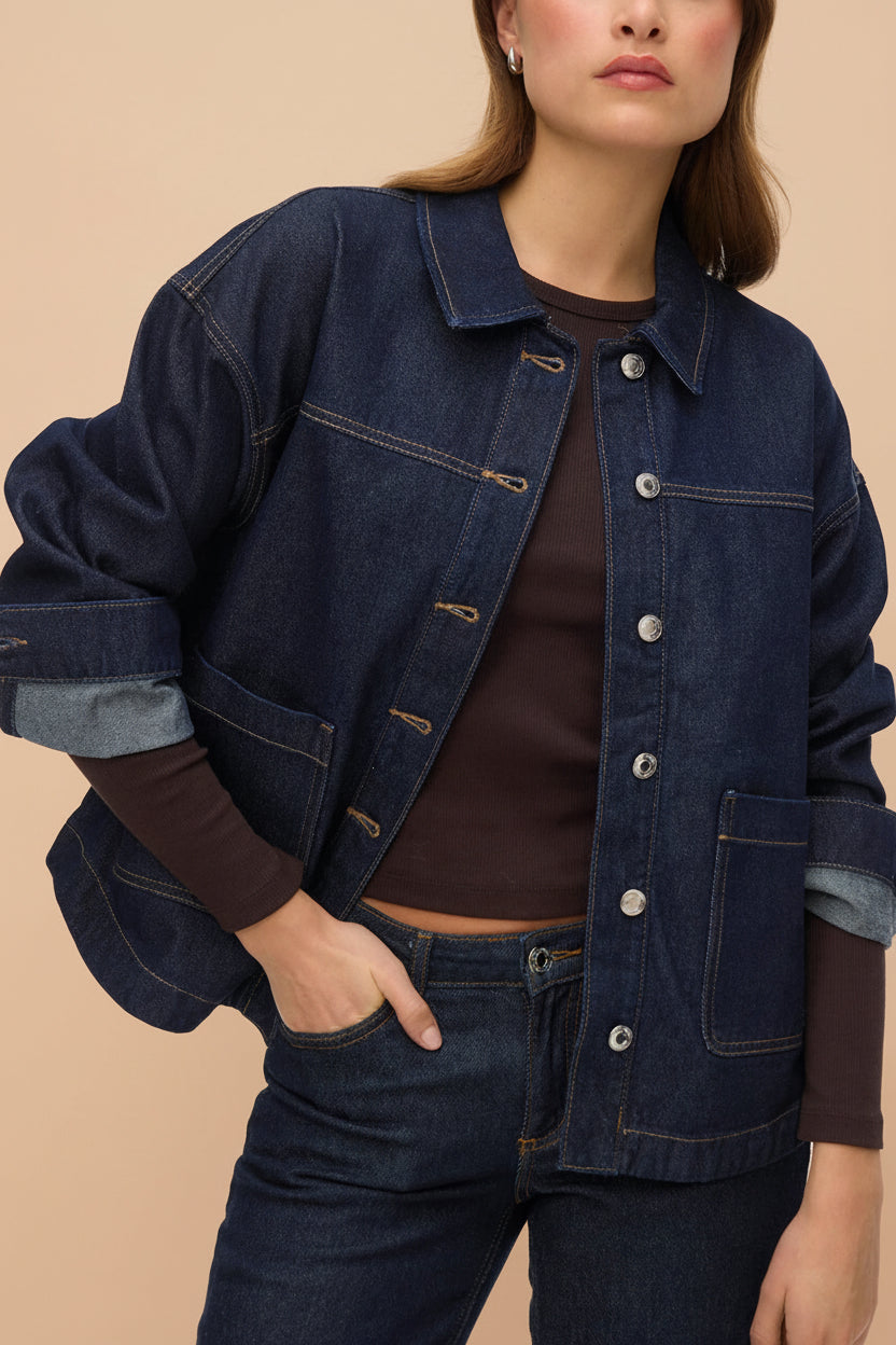 Matera Dark Wash | Denim Button-Up Jacket with Pockets