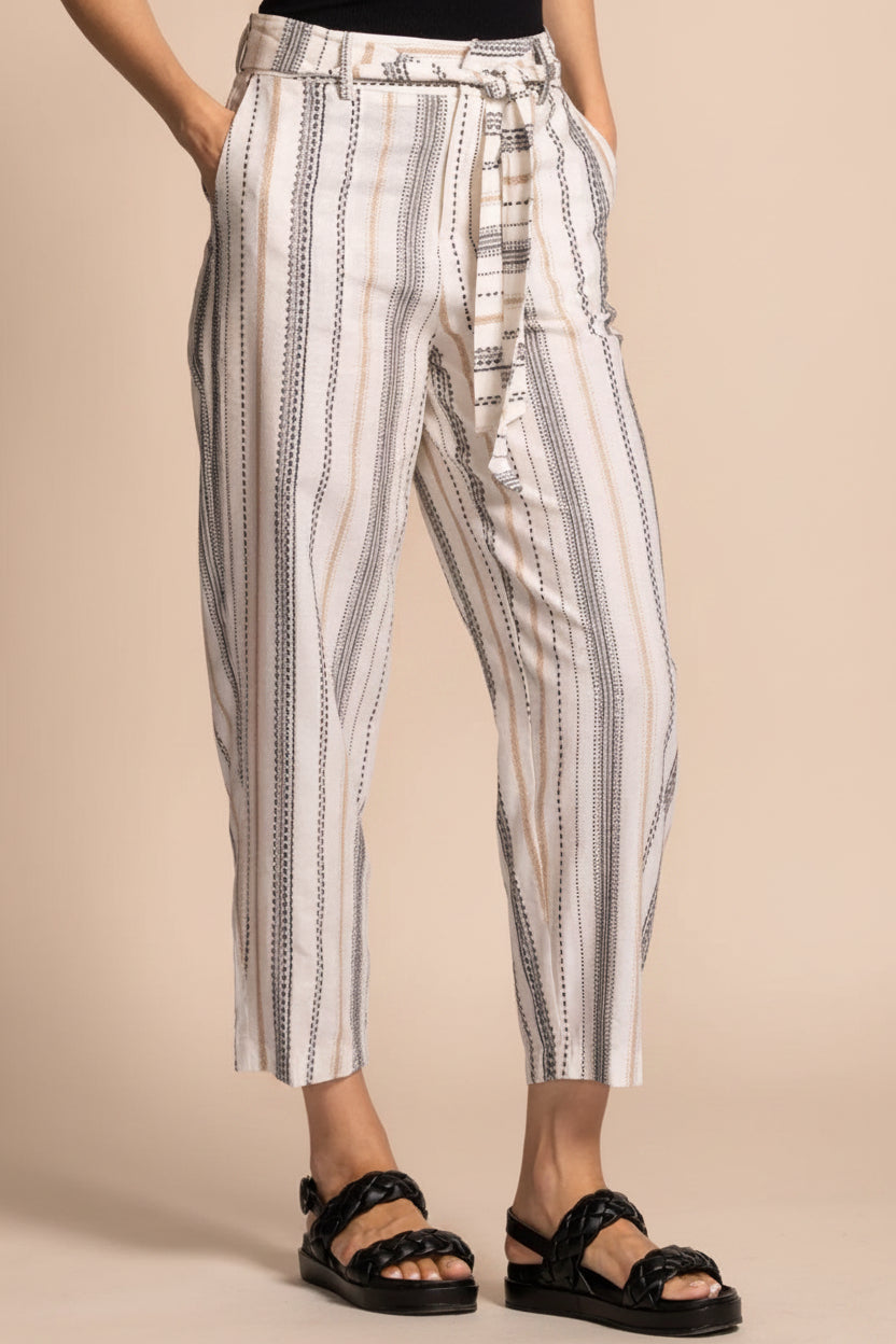 Pistoia | Striped Cropped Pants with Fabric Belt