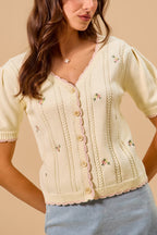 Sanae | Cream Floral Embroidered Scallop Edge Knit Cardigan