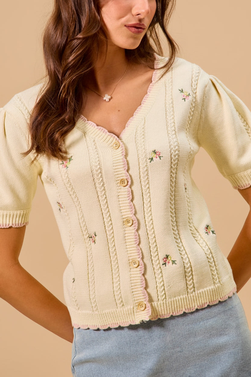 Sanae | Cream Floral Embroidered Scallop Edge Knit Cardigan