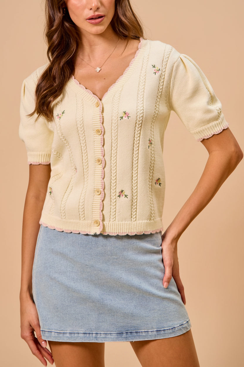 Sanae | Cream Floral Embroidered Scallop Edge Knit Cardigan