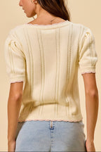 Sanae | Cream Floral Embroidered Scallop Edge Knit Cardigan