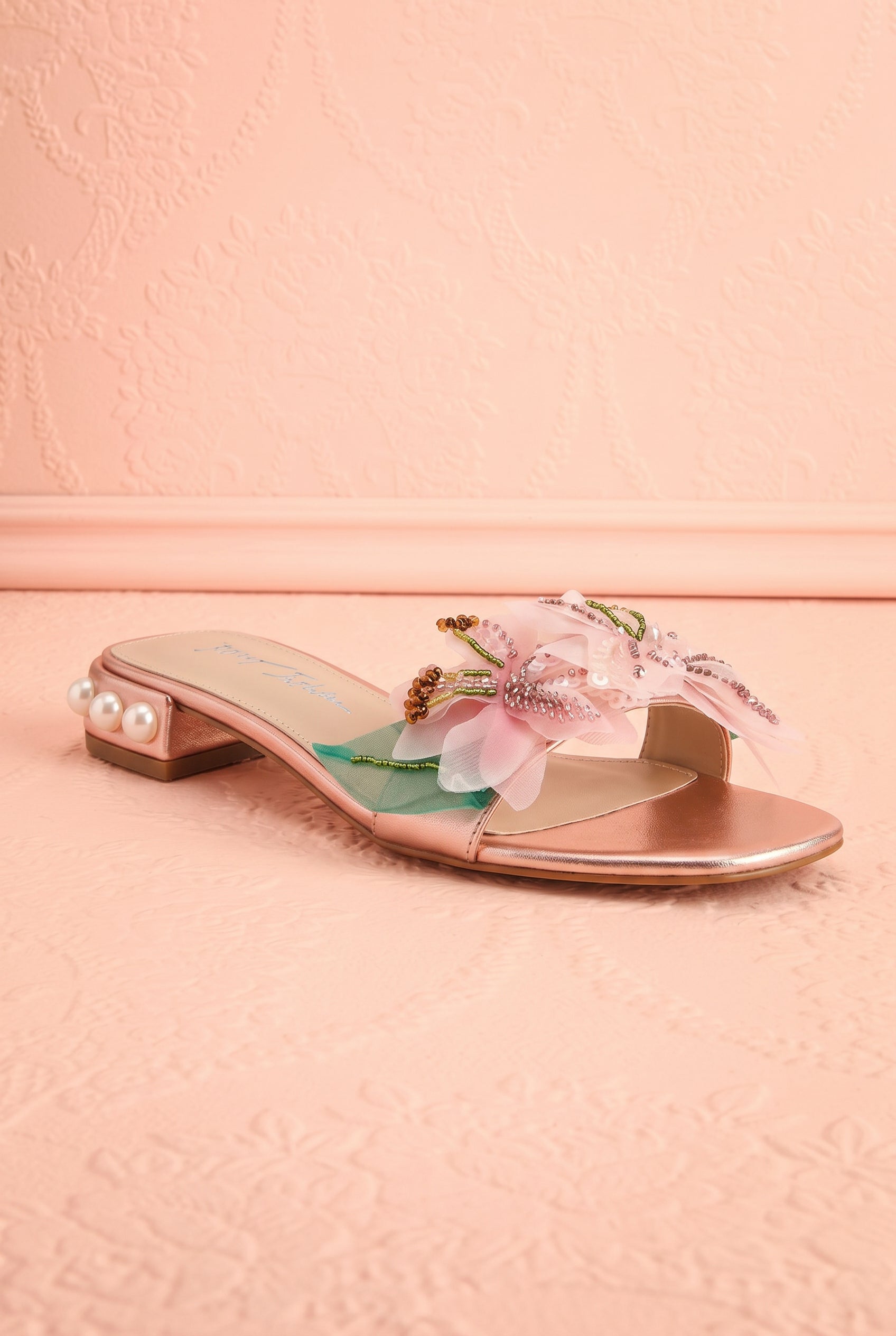Rossia | Pink Sandals with 3D Flowers and Pearls