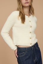 Shawna | Ivory Fuzzy Knit Cardigan with Gold Buttons