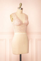 Zerline Pink | Floral Lace Bralette w/ Silver Detailing