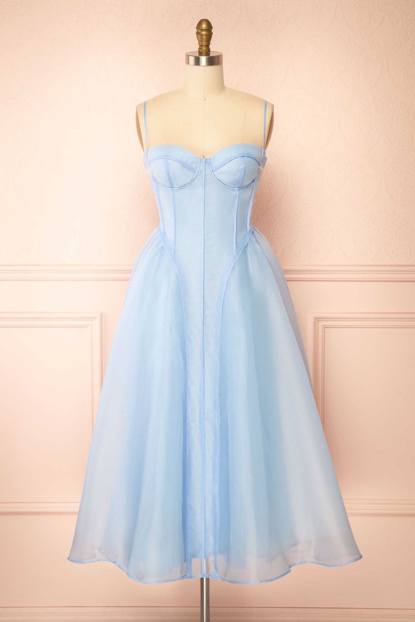 Berthia | Light Blue Corset Organza Midi Dress