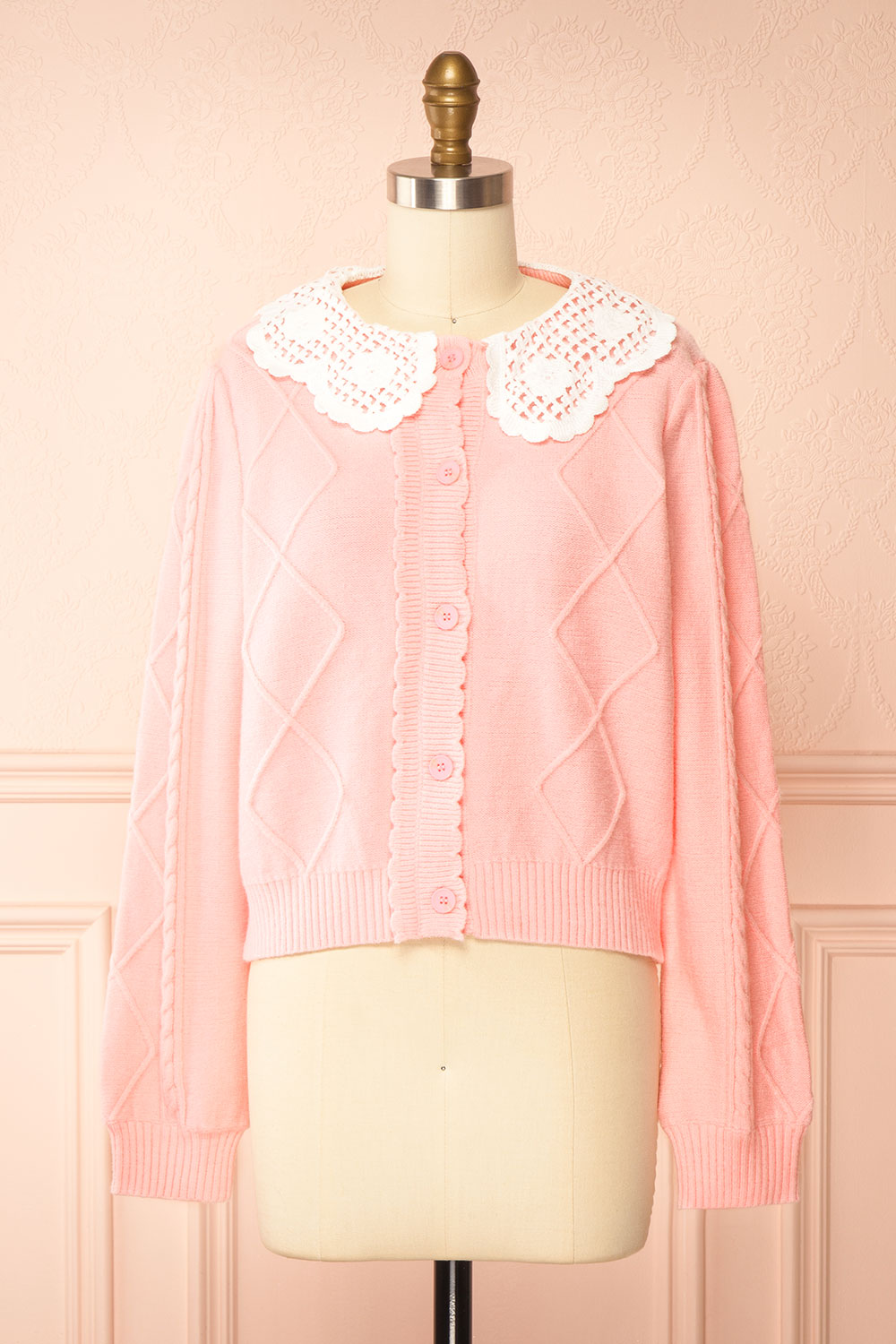 Braden | Pink Knit Cardigan with Peter Pan Collar and Cable Details