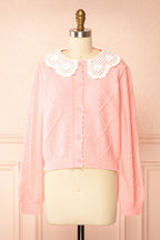 Braden | Pink Knit Cardigan with Peter Pan Collar and Cable Details