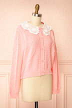 Braden | Pink Knit Cardigan with Peter Pan Collar and Cable Details