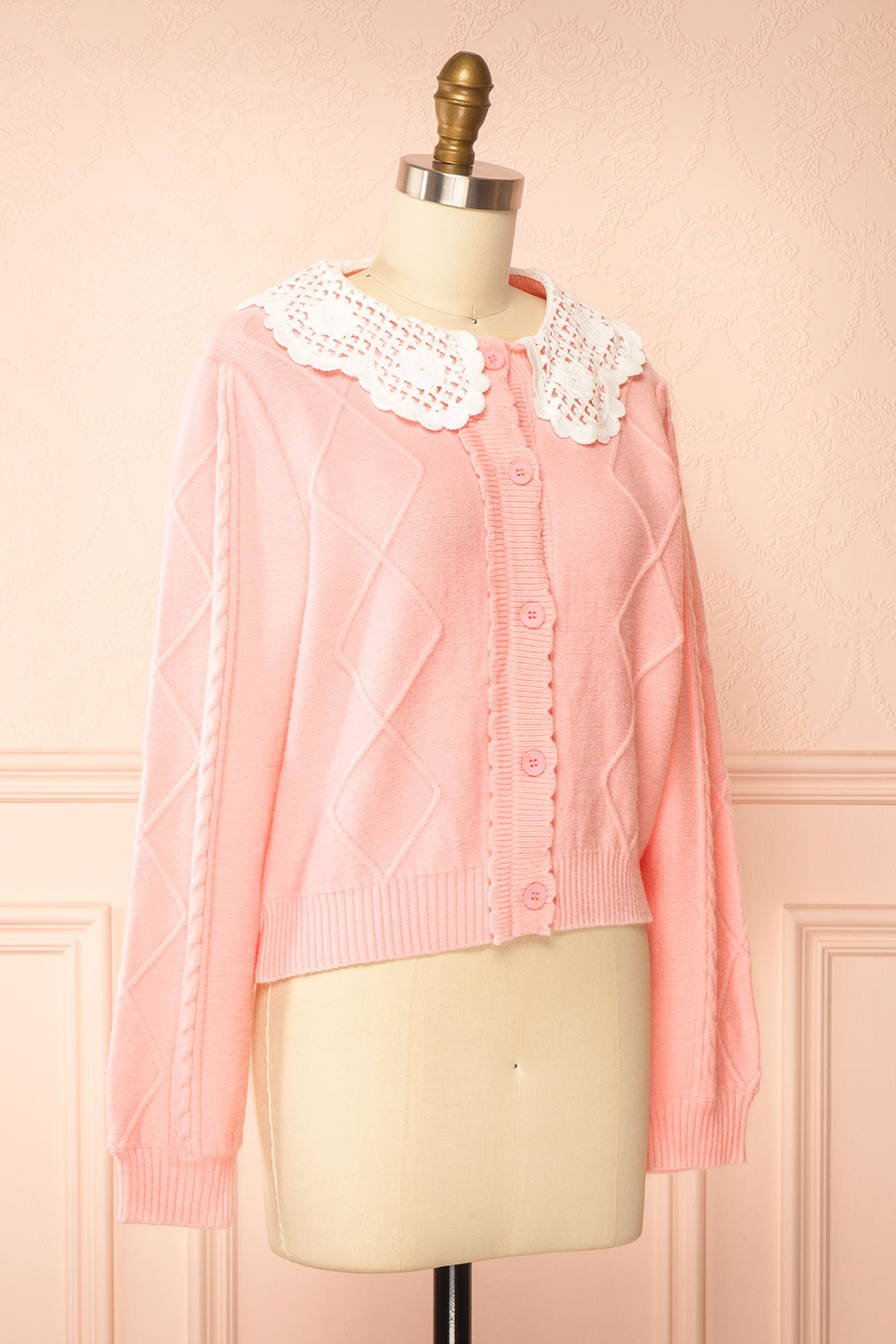 Braden | Pink Knit Cardigan with Peter Pan Collar and Cable Details